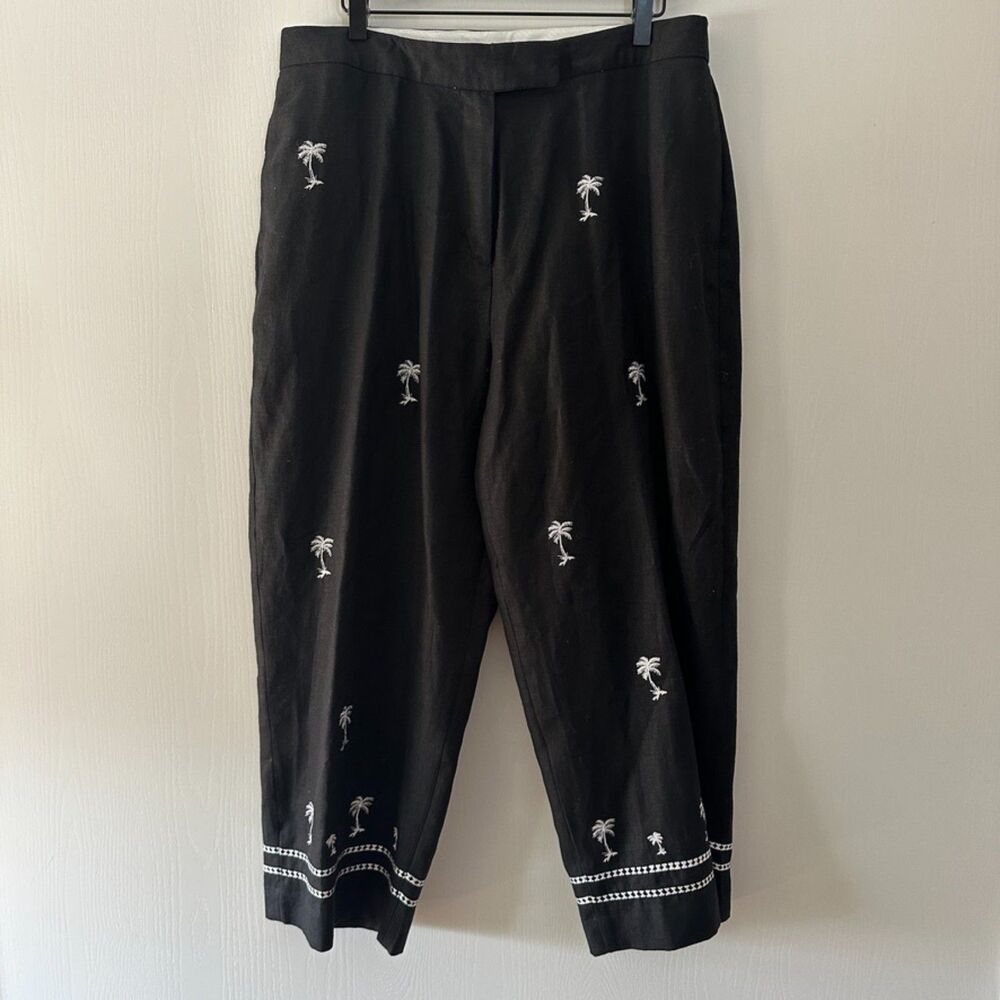 Paraphrase Womens Linen Crop Ankle Pants Embroidered Palm Trees Black Plus Sz 16